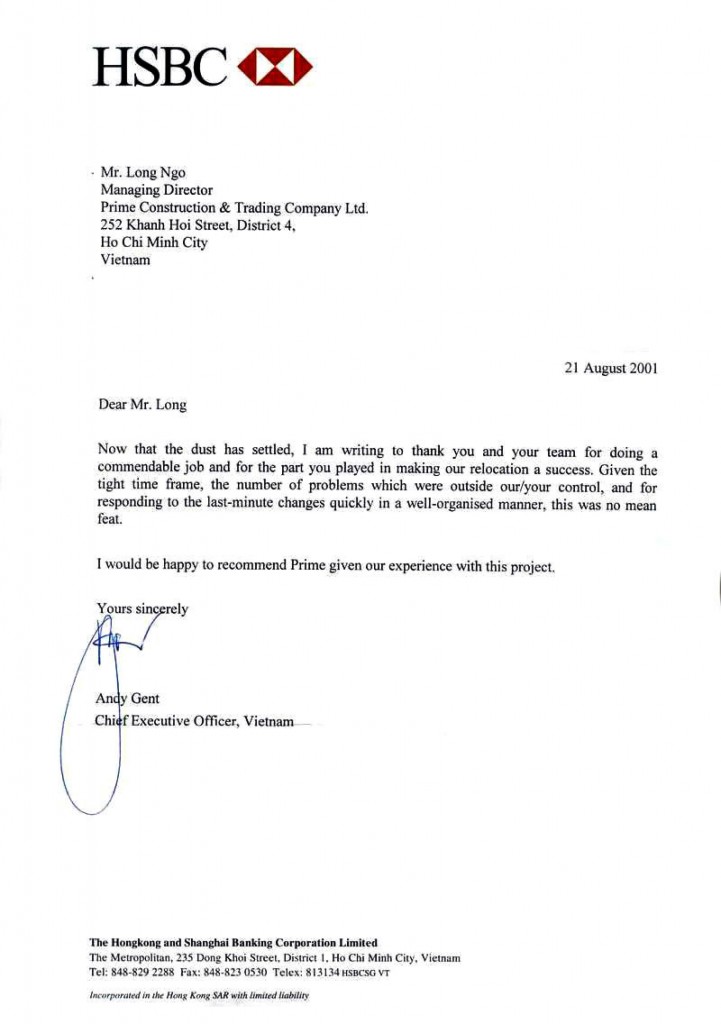 HSBC Bank HCMC Letter